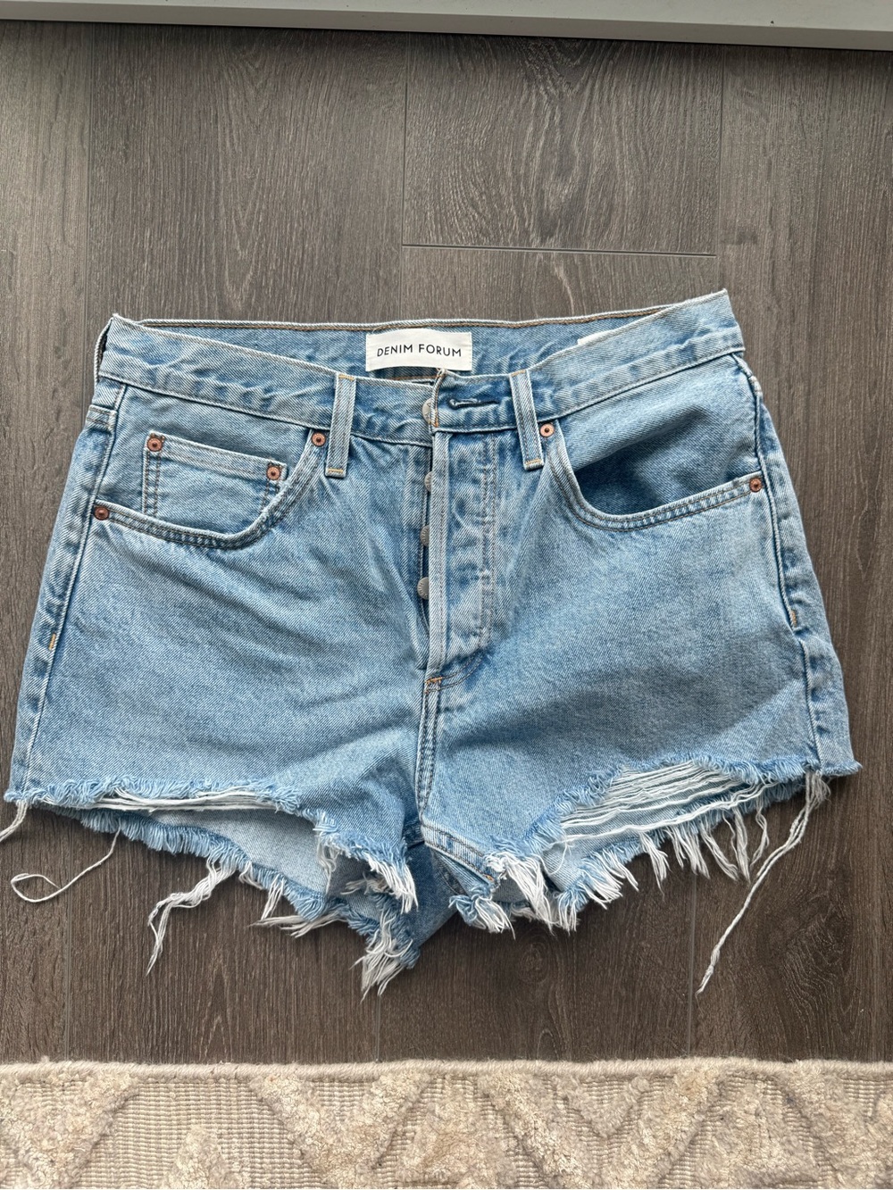 Denim Forum Light Blue Frayed High-Rise Jean Shorts